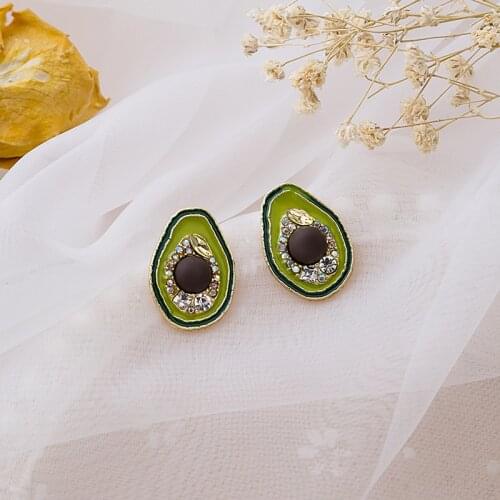 Wholesale Korean Fashion Shiny Rhinestone Avocado Big Earrings for Women 2020 Summer Green Oil Fruit Statement Earrings Brincos
