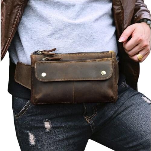 Quality Leather men Casual Design Waist Belt Bag Chest Pack Fashion Cowhide Travel 7" Phone Cigarette Case Pouch Male 8136-d