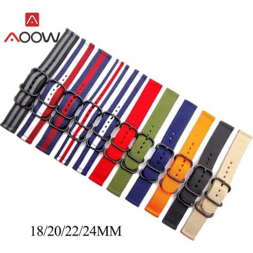TEAROKE NATO Watchband Nylon Strap Black Ring Buckle 18mm 20mm 22mm 24mm Striped Replacement Watch Band for Samsung S3 Huawei GT