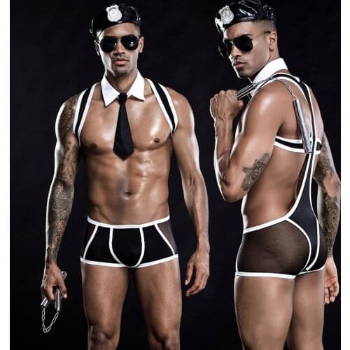 JSY Sexy Mens Police Uniform Lingerie Set Cosplay Bodysuit Underwear Erotic Catsuit Porno Costumes for Sex Role Play Outfits