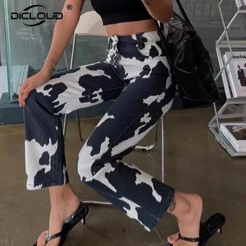 Chic 2021 Harajuku Girls Moumou Jeans Women High Waist Wide Leg Denim Pants Hot Street Fashion Cute Cow Print Mom Jeans Femme