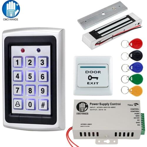 OBO Hands Access Control System Kit 125KHz RFID Keypad Rainproof Cover with Electric Door Locks 180KG Magnetic Strike Lock DC12V