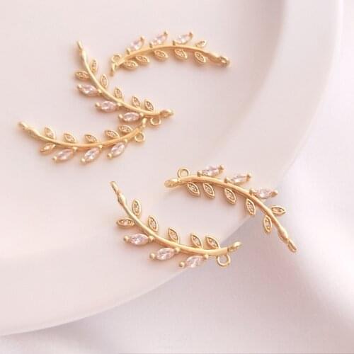 29mm Copper 14K Gold Zircon Leaves Branch Charms Connector 1pcs For DIY Jewelry Necklace Making Accessories