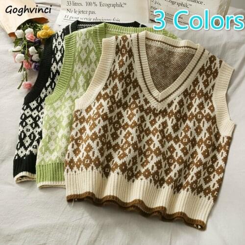 Sweater Vest Women Vintage V-neck Knitted Sleeveless Students College Ulzzang Loose Korean Style Autumn Tops Leisure Waistcoat