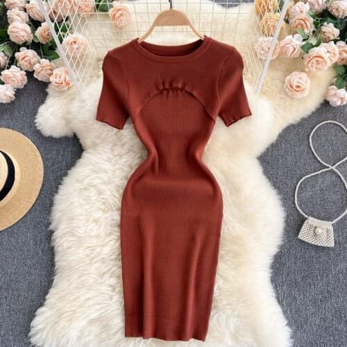 Short-sleeved knitted dress 2021 new summer womens hollow round neck slim sexy hip skirt