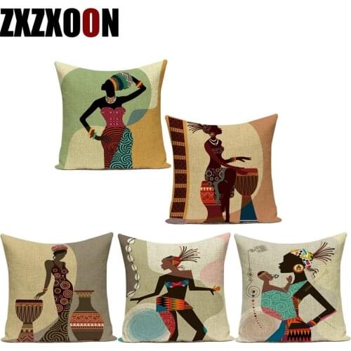Sofa Home Decoration African Style Women Girls African Drum Dancing Polyester Pillow Cover Cushion Pillowcase