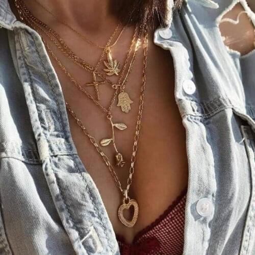 Vintage Multilayer Crystal Pendant Necklace Women Gold Color Rose Heart Cross Choker Necklaces Jewelry Fashion Christmas Gift
