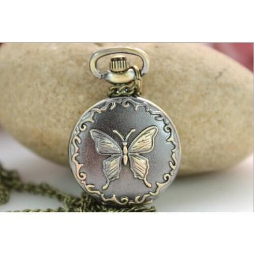 Vintage Bronze antiques butterfly Modern hours Fashion quartz Necklace pocket watches gift PB368