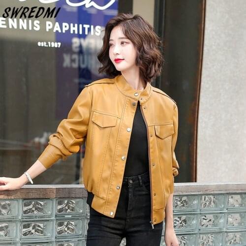 2021 Casual Winter Coat Women Epaulet Faxu Leather Jackets For Spring And Autumn Plus Size S-4XL Clothing Outerwear SWREDMI