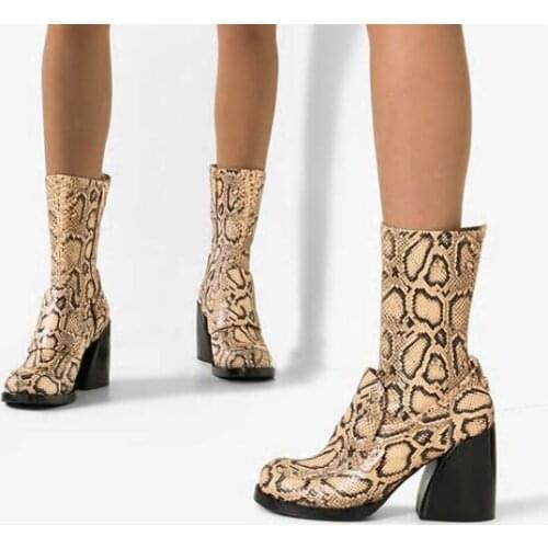 Moraima Snc Fashion Python Pattern Leather Ankle Boots Runway Square Toe Thick Heel Woman Riding Boots Short Boots Black