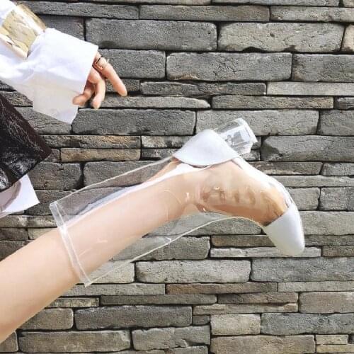 Deification Fashion square heel Boots womens shoes PVC Design Clear Heel Girl Shoes Mixed Colors Med Heel botas mujer plus size