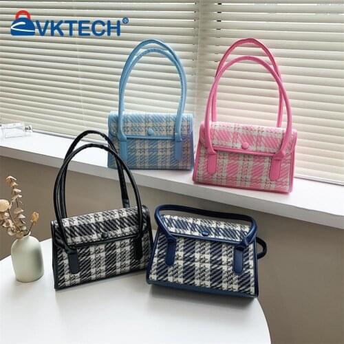 Women Winter Tartan Underarm Bags Small Ladies Leather Patchwork Plush Armpit Bags Plaid Top-handle Shoulder Bags