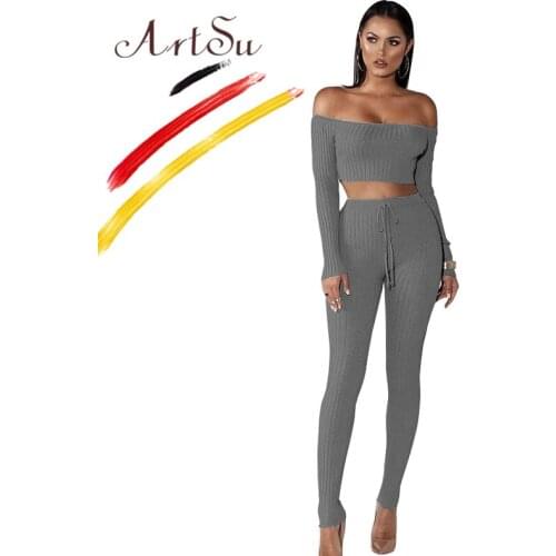 ArtSu Autumn Winter Sexy Off Shoulder Kintted Crop Top+Long Pants 2 Piece Set Womens Casual Long Sleeve Tracksuits Leisure Suit