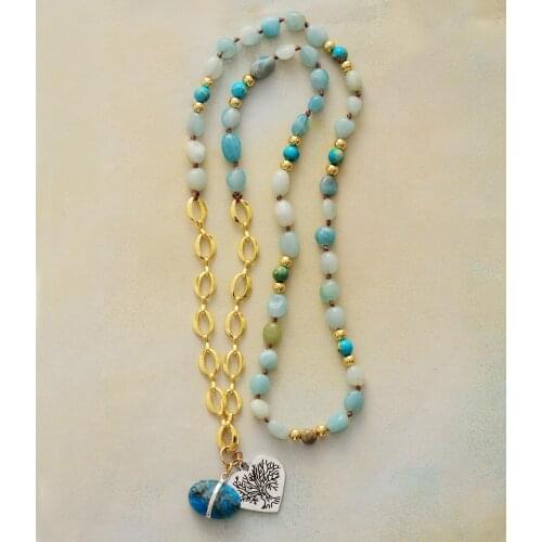 Romantic Heart Tree Pendant Necklace Women Exquisite Natural Stones Amazonite Apatite Charm Beaded Necklace OL Jewelry Wholesale