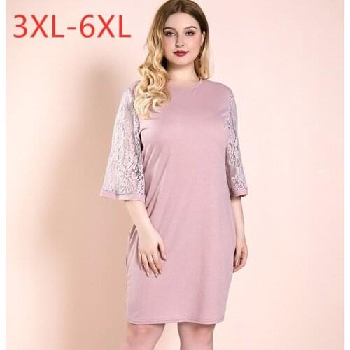 Female summer autumn plus size dress for women large short sleeve loose casual elastic lace O neck dresses pink 4XL 5XL 6XL 7XL