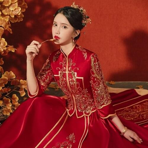 Sexy Beaded Sequins Embroidery Marry Clothes High Quality Cheongsam Chinese Traditional Bride Wedding Dress Qipao