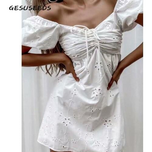 Summer Dress 2021 Short Sleeve Dresses Women Vintage Embroidered Mini Dress Off Shoulder Hollow Out White Dresses Drawstring