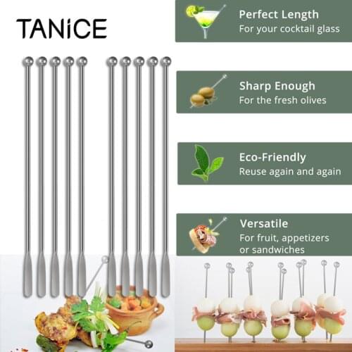 TANiCE 10pcs Stainless Steel Coffee Beverage Blender Stirring Cocktail with Small Rectangular Paddle + 10pcs 4" Cocktail Picking