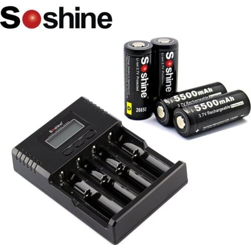 4pcs/lot Soshine 26650 3.7V 5500mAh Protected Rechargeable Li-ion Battery+Soshine H4 Li-ion 4-Slot NiCd NiMh LCD Charger