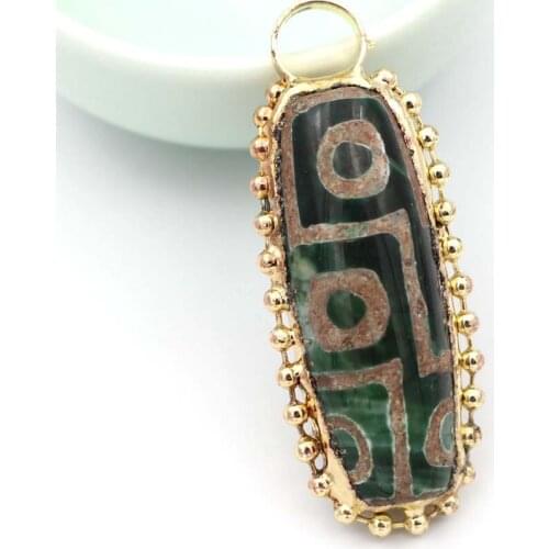 5pcs Black Green Red Old DZI Tibet Olivary Agate stone Oval Pendant Gold Plated Copper Charms for DIY Necklace Jewelry Making