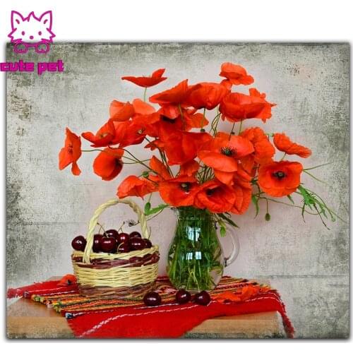 DIY Diamond Painting Still life vase flowers and cherries Embroidery Cross Stitch 5D Home Decor diamond art rhinestone pictures