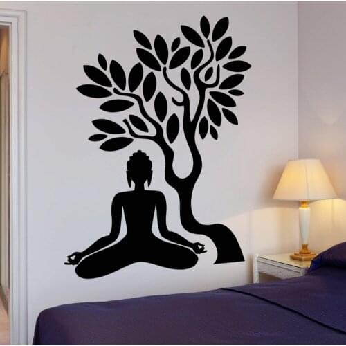 Buddha Meditate Wall Decal Buddhism Tree Branch Leaves Yoga Studio Lotus Pose Wall Stickers Bedroom Living Room Art Mural SYY324