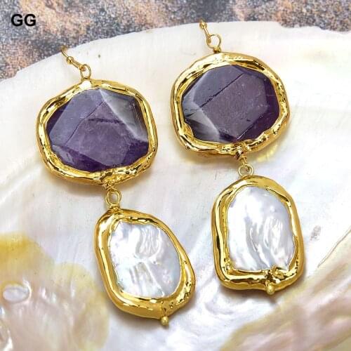 GuaiGuai Jewelry Natural White Rectangle Keshi Pearl Purple Amethysts Gold Color Plated Dangle Hook Earrings For Women