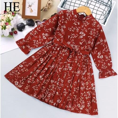 HE Hello Enjoy Girls Dress Autumn 2021 Girls Clothes Long Sleeves Red Print Elegant Female Childrens Dresses Kids Clothing