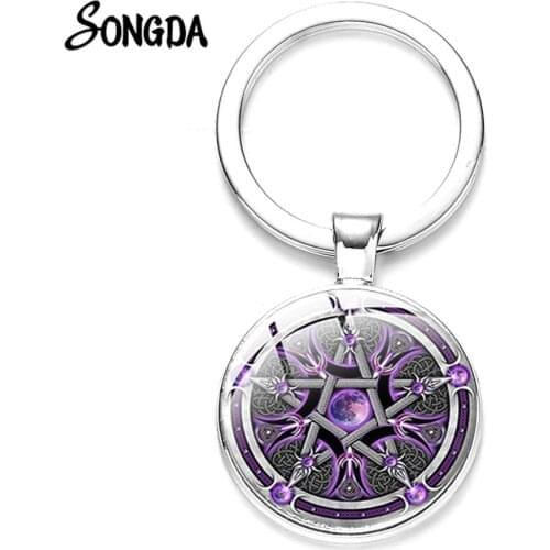 Witchcraft Purple Pentagram Glass Cabochon Pendant Key Ring Car Keychain Magic Five-pointed Star Printed Key Chain Witch Jewelry