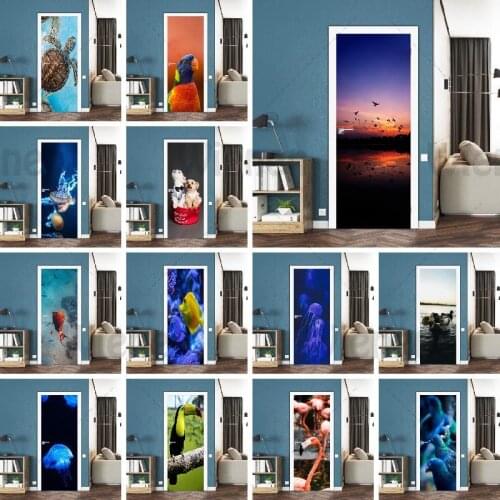 Marine Animals & Sea Birds Flamingo Wallpaper Stickers 3D Door Decoration Natural Scenery Pattern Art Door Stickers Home Decor