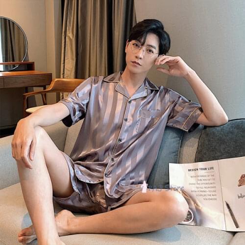 Mens Pajamas Silk Summer Jacquard Short Plus Size StripePajamas with Shorts L-5XL Homewear Oversize Night Pajamas 110KG