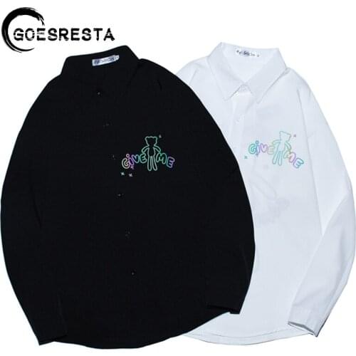 Hip Hop Reflective Bear Print Long-sleeved Shirt Men Oversized Streetwear Shirts 2020 Brand Harajuku Casual Fashion Mens Shirt