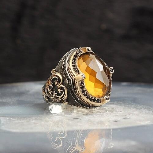 Crystal Cut Yellow Quartz Stone 925 Sterling Silver Men 'S Ring