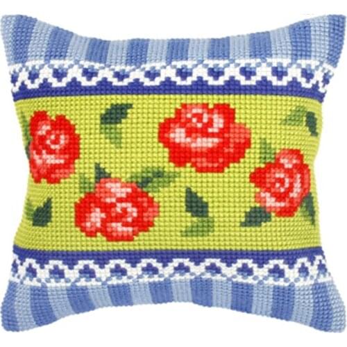 DIY Cross Stitch Cushion Cover Red Roses Needlepoint Kits Printed Canvas Chunky Yarn Cross-stitch Pillow Case Arts & Crafts