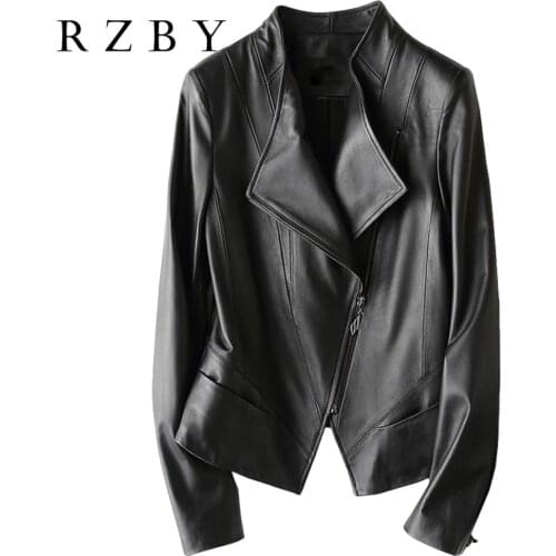 New Ladies Autumn Winter Black Sheep Leather Slim Jacket Zipper Stand Collar Jacket Sports Motorcycle пиджак Chaqueta RZBY182