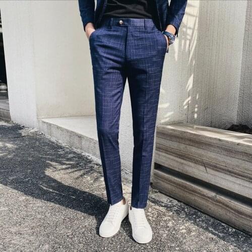 2020 new spring and summer casual mens Korean version of Slim youth personality plaid trousers wild business professional pants