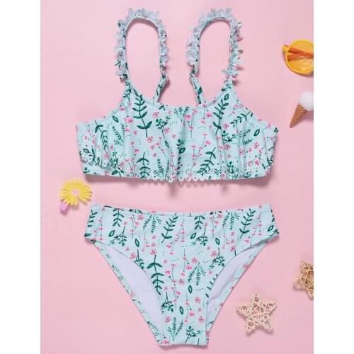 7-14 Years Girls' Swimsuits Two Piece 2021 New Large Girls' Swimwear Bikini Green Leaves Swimsuit Beachwear Large Girls TB077