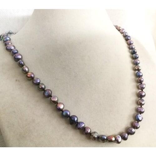 42cm 17'' Women Jewelry necklace 8x9mm brown black gray colors baroque flat pearl handmade Real cultured freshwater pearl gift