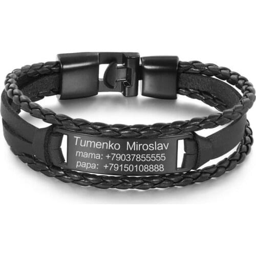 Personalized Custom Engraved Mens Bracelets Black Vintage Leather Bracelet Customized Lettering LOGO To My Son Gifts Men Jewelry