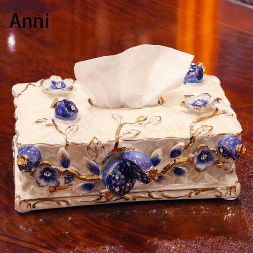 Painted Relief Craft Ceramics Tissue Box Cover European Modern Pomegranate Flower Decorative Paper Towel Set Living Room Decor