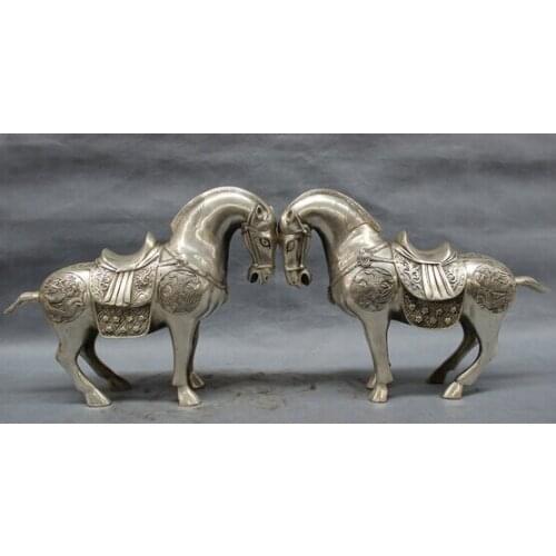 Crafts Arts 14" Folk Chinese Silver Wealth Brass Dragon Phoenix Tang Horse Statue Pair