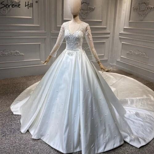 Serene Hill Ivory V-Neck High-end Satin Sexy Wedding Dress 2020 Long Sleeves Beading Sequined Bridal Gown Custom Made CHA2343