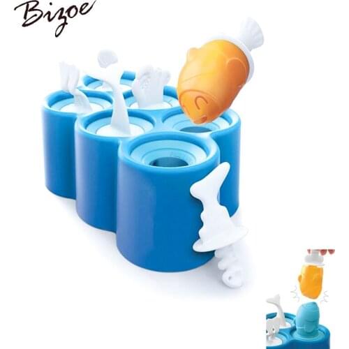 1pc wtih 6 Different Fish Shape Ice Cream Silicone Mold Summer Icecream Popsicle Sticks Molds In One Tray