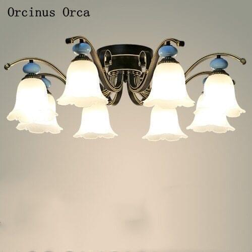 American style Retro Blue Ceramic ceiling lamp hotel living room study European classic garden ceiling lamp