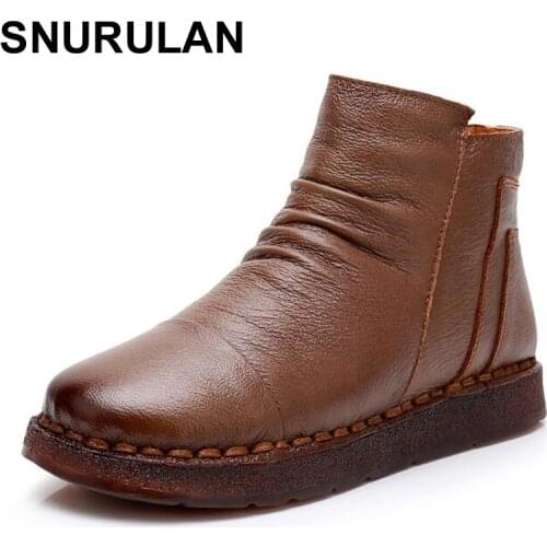 SNURULANFashion Womens Boots 2018 Winter Genuine Leather Warm shoes Woman Flat heel Boots Cozy Handmade Ankle Boots zapatosE115