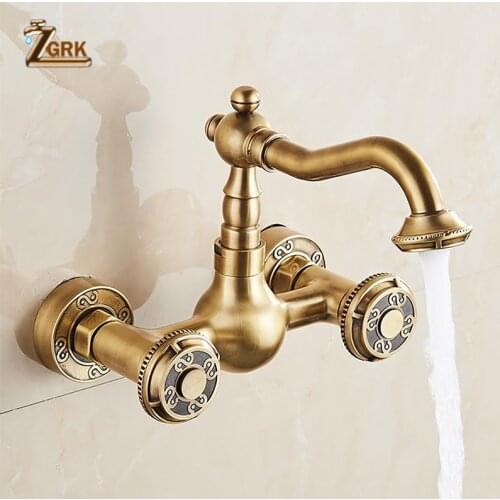 ZGRK Antique Brass Bathroom Bathtub Faucets Swivel Taps Wall Mounted Dual Handle Hot Cold Mixer Taps