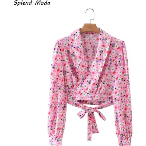 Splend Moda 2021 French Puff Sleeve Floral Summer Lace-Up Waist Peter Pan Collar Prairie Chic Top Sweet Short Blouse Women