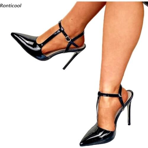 Ronticool Handmade Women Summer Glossy Pumps Stiletto Heels Pointed Toe Black Red Office Ladies Shoes Women US Plus Size 5-15