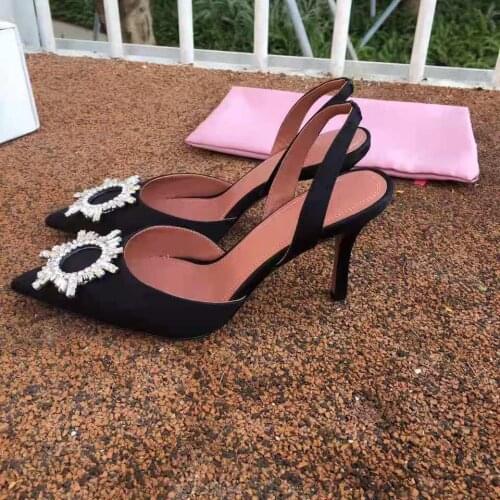 Womens Shoes Begum Crystal-embellished Satin Slingback Pumps In Black Real Photos