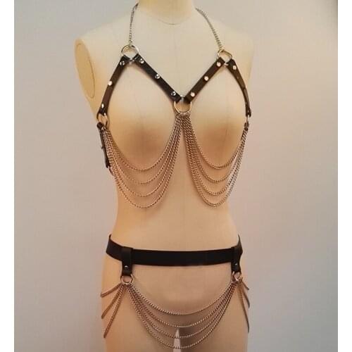 100% Handcrafted Women Halter Sexy Leather Chain Bra Harness Bralet Bondage Belt Lingerie Cosplay Waist Belt Suspender